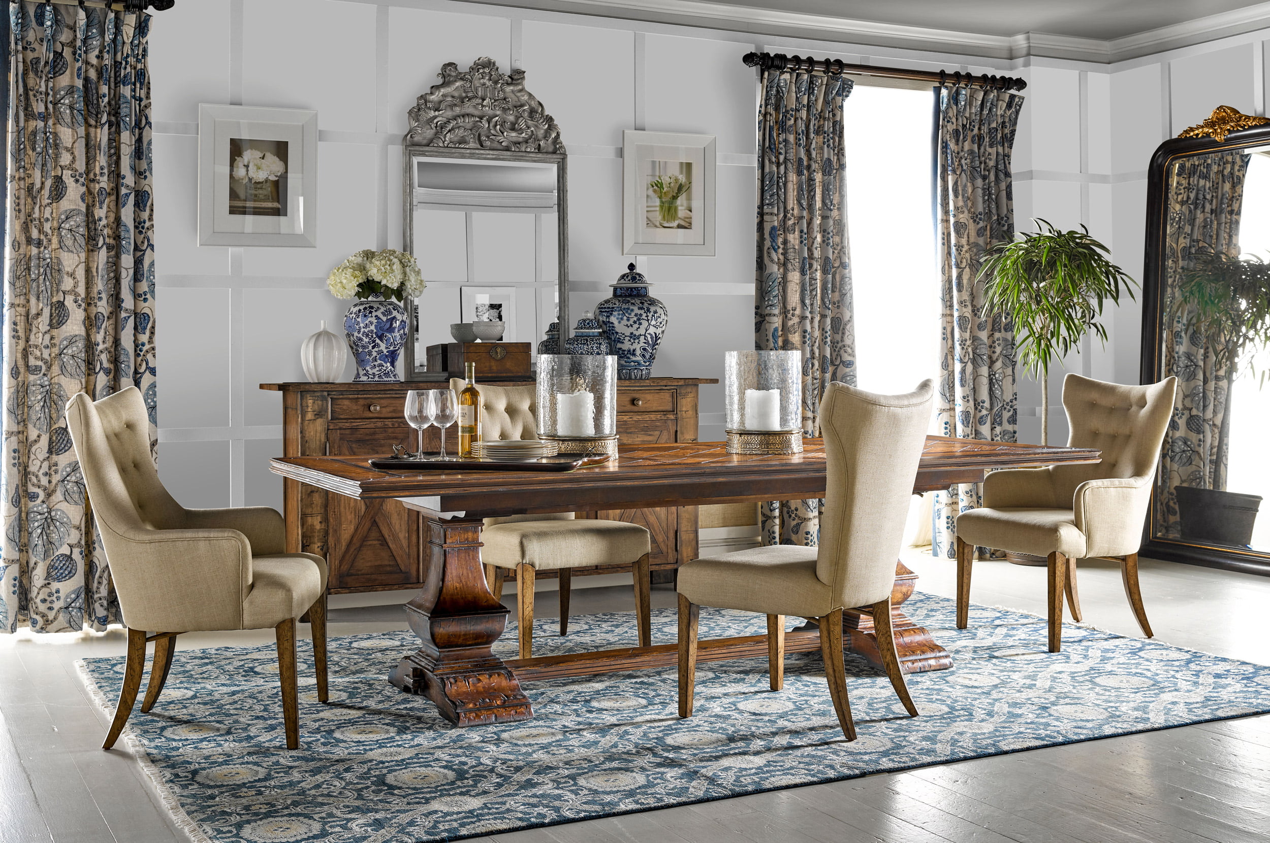 Dining room decor with ivory, blue and wood accents